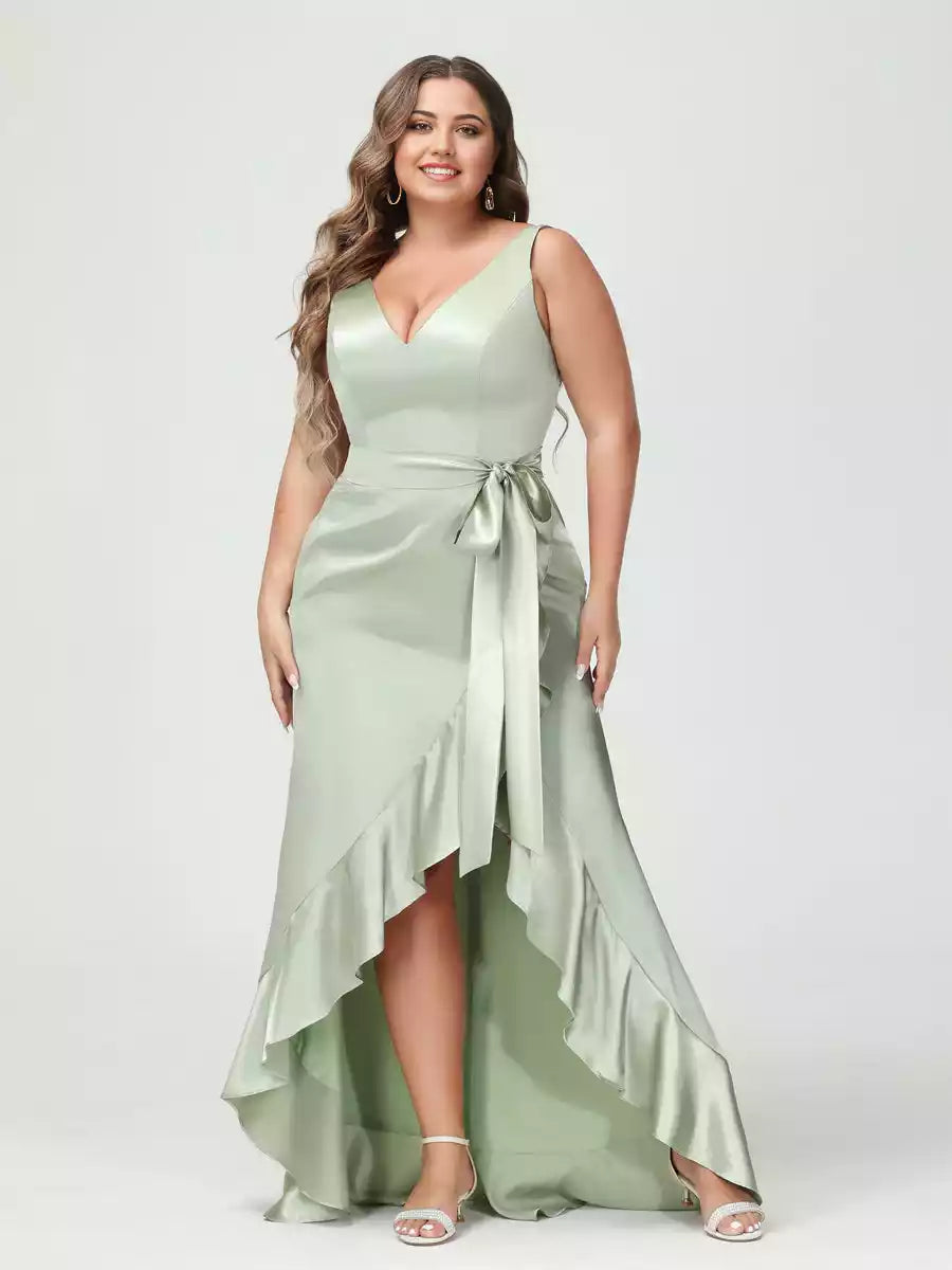 Elegant slim fit/straight V-neck sleeveless ruffle hem high-low swing plus size Bridesmaid Dresses