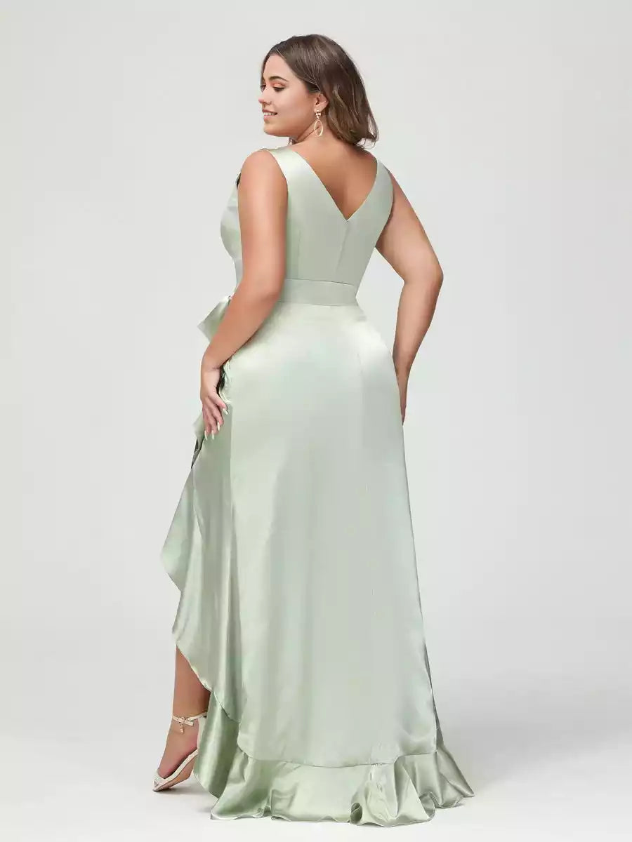 Elegant slim fit/straight V-neck sleeveless ruffle hem high-low swing plus size Bridesmaid Dresses
