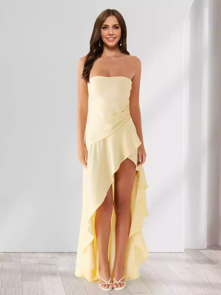 Elegant slim fit/straight asymmetric strapless slit long ruffled Bridesmaid Dresses