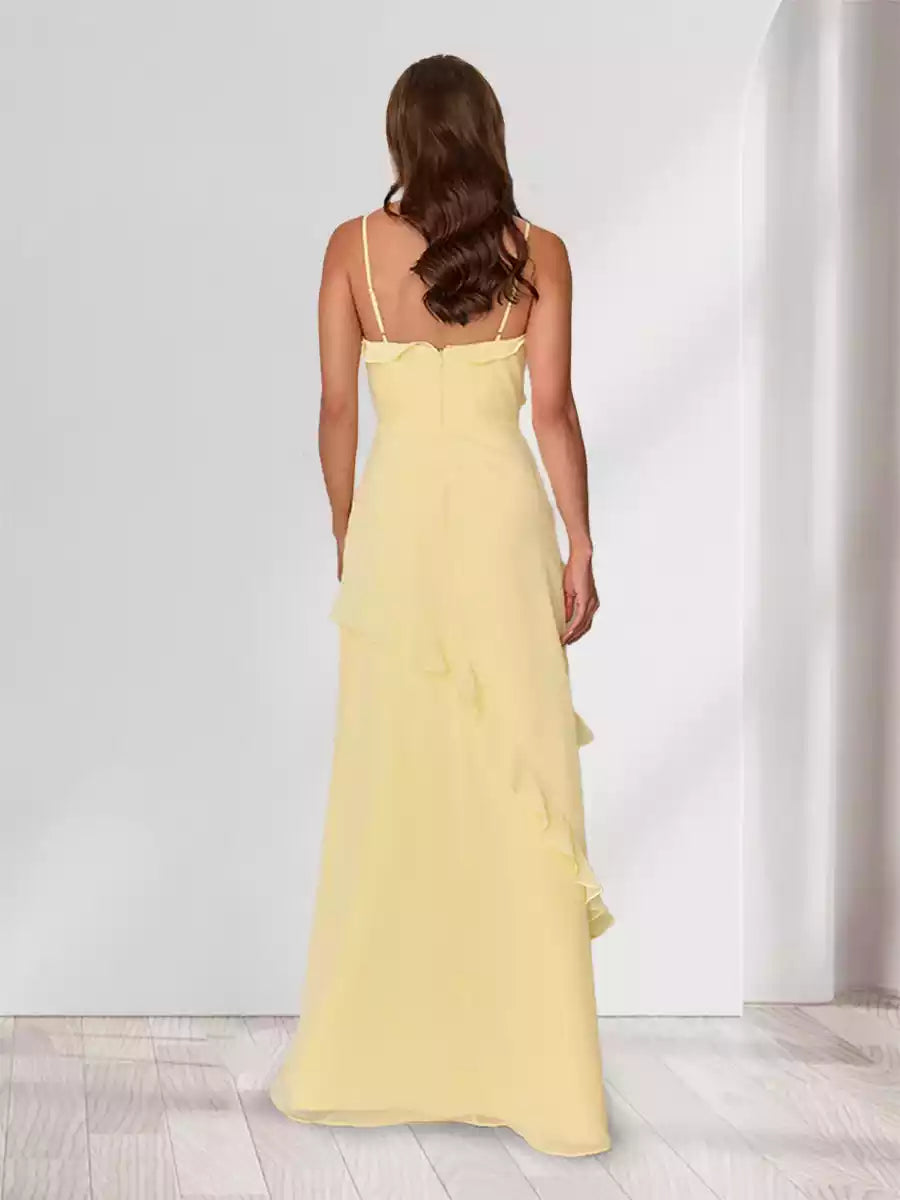 Elegant slim fit/straight camisole sleeveless long ruffled hem and side slit Bridesmaid Dresses