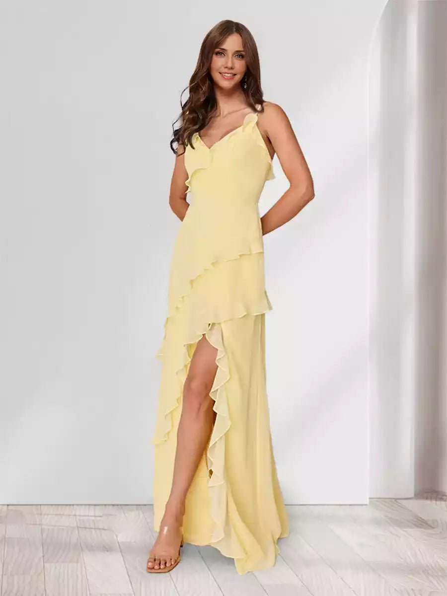 Elegant slim fit/straight camisole sleeveless long ruffled hem and side slit Bridesmaid Dresses