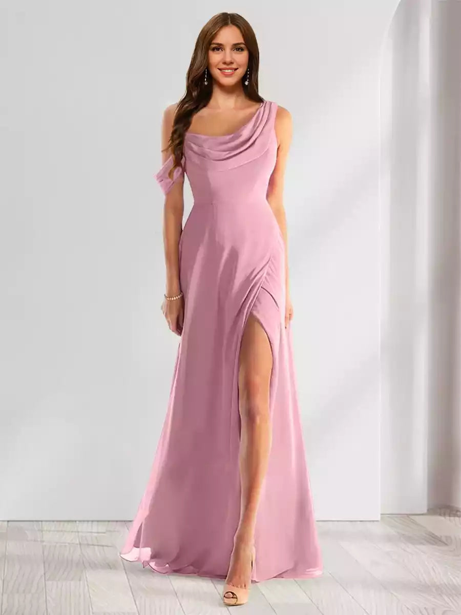 Elegant slim fit/straight neck sleeveless and floor chiffon side slit Bridesmaid Dresses