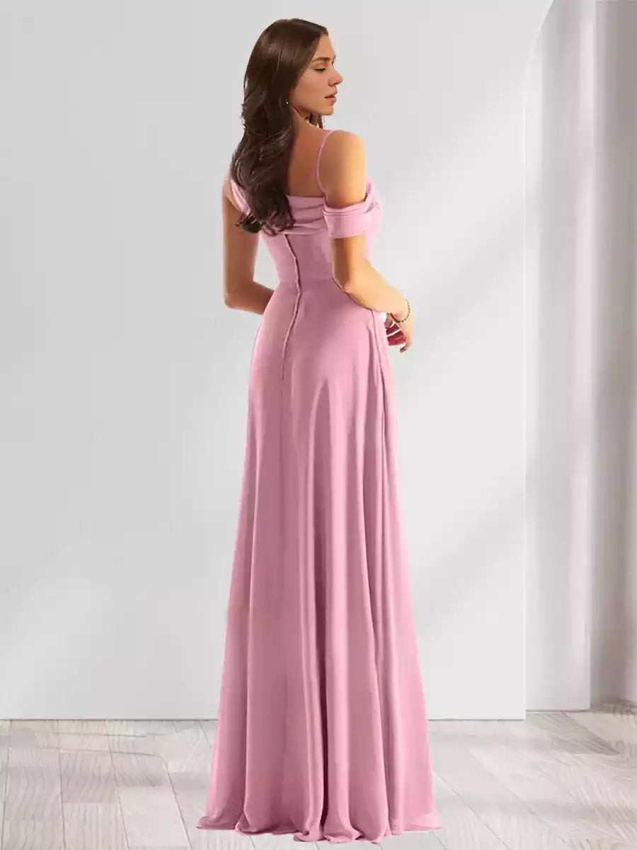 Elegant slim fit/straight neck sleeveless and floor chiffon side slit Bridesmaid Dresses