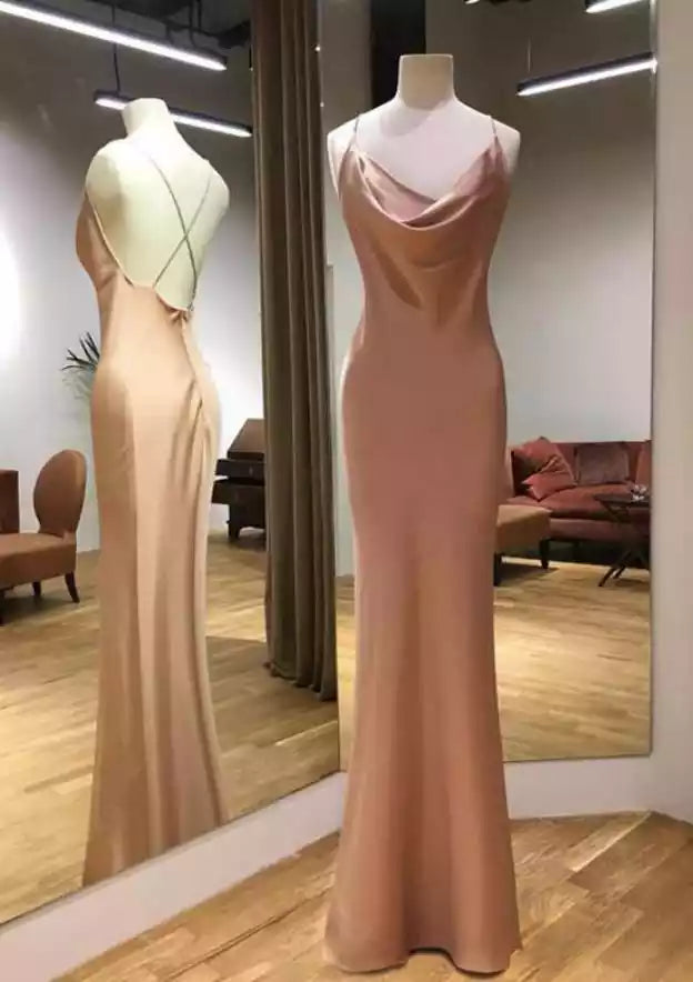 Elegant slim fitstraight neck sleeveless longsatin Prom Dresses