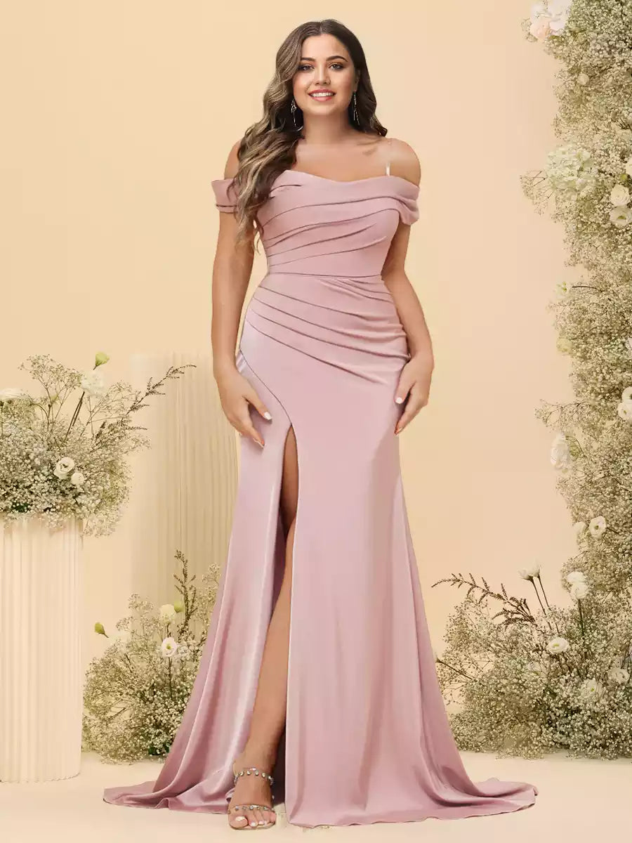 Elegant slim fit/straight off shoulder long formal plus size side slit and pleated Bridesmaid Dresses