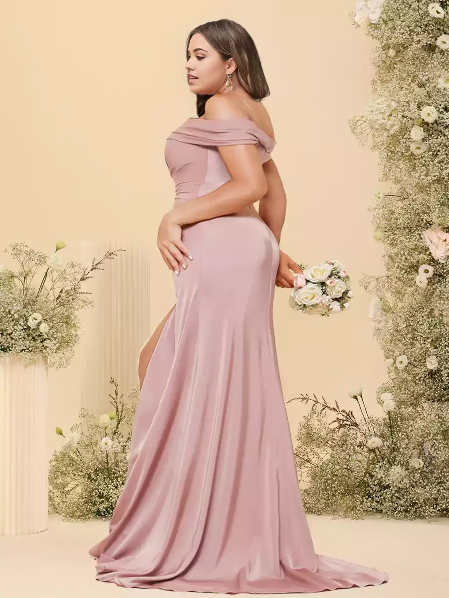 Elegant slim fit/straight off shoulder long formal plus size side slit and pleated Bridesmaid Dresses