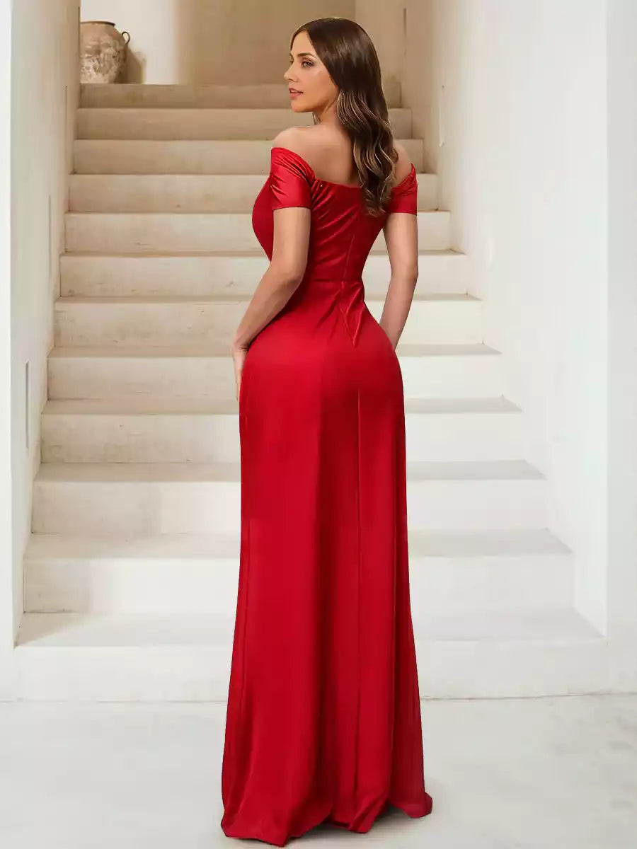 Elegant slim fit/straight off shoulder sleeveless side slit Bridesmaid Dresses