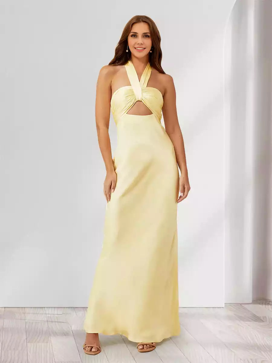 Elegant slim fit/straight tube backless suspender with hollowed out long Bridesmaid Dresses