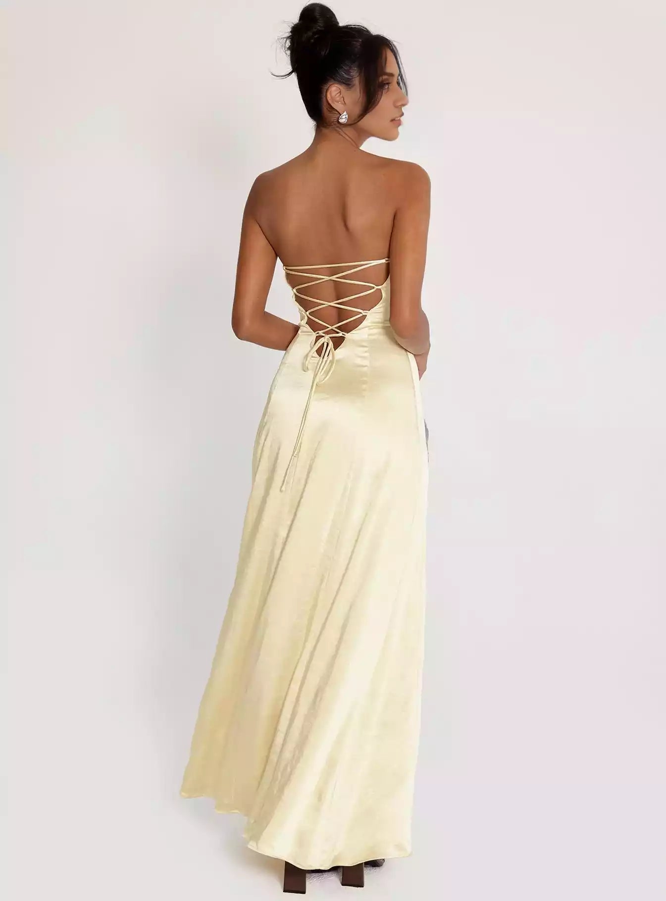 Elegant strapless lace up with backless satin pleats, hidden zippers on the sides, lace up details Prom Dresses