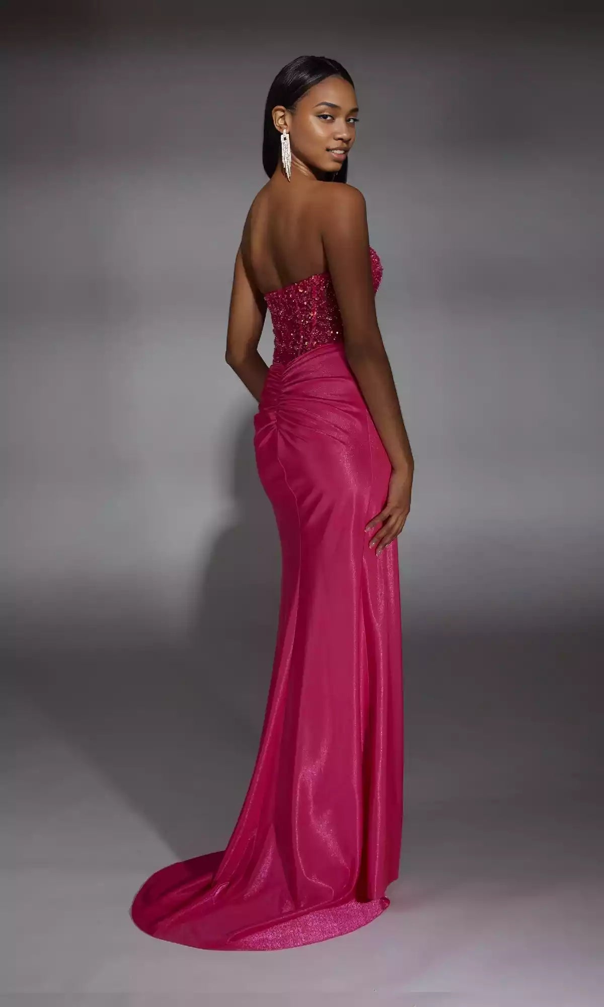 Elegant strapless slim fit long, shiny knit corset with back zipper and skirt slit Prom Dresses