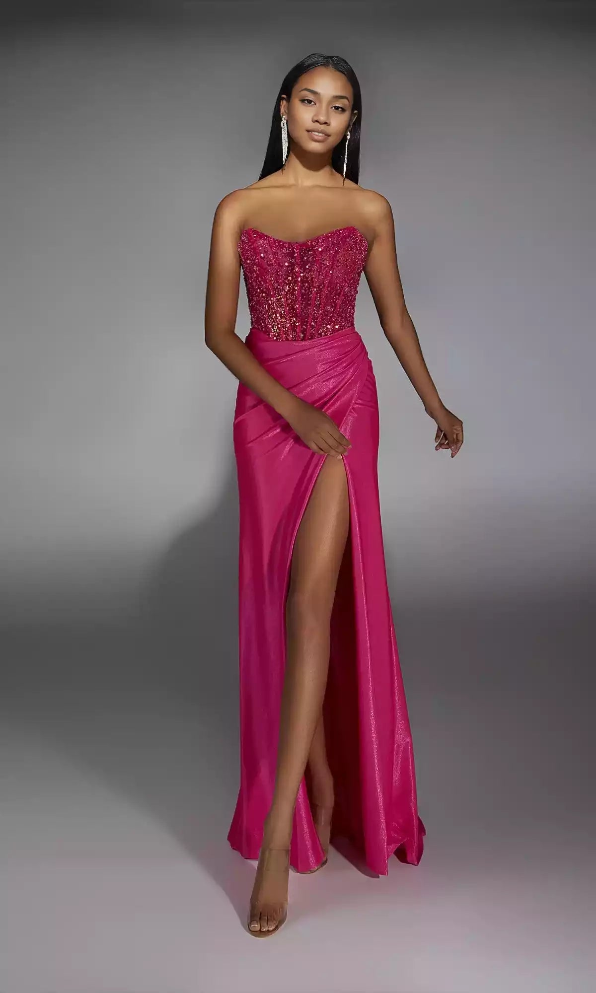 Elegant strapless slim fit long, shiny knit corset with back zipper and skirt slit Prom Dresses
