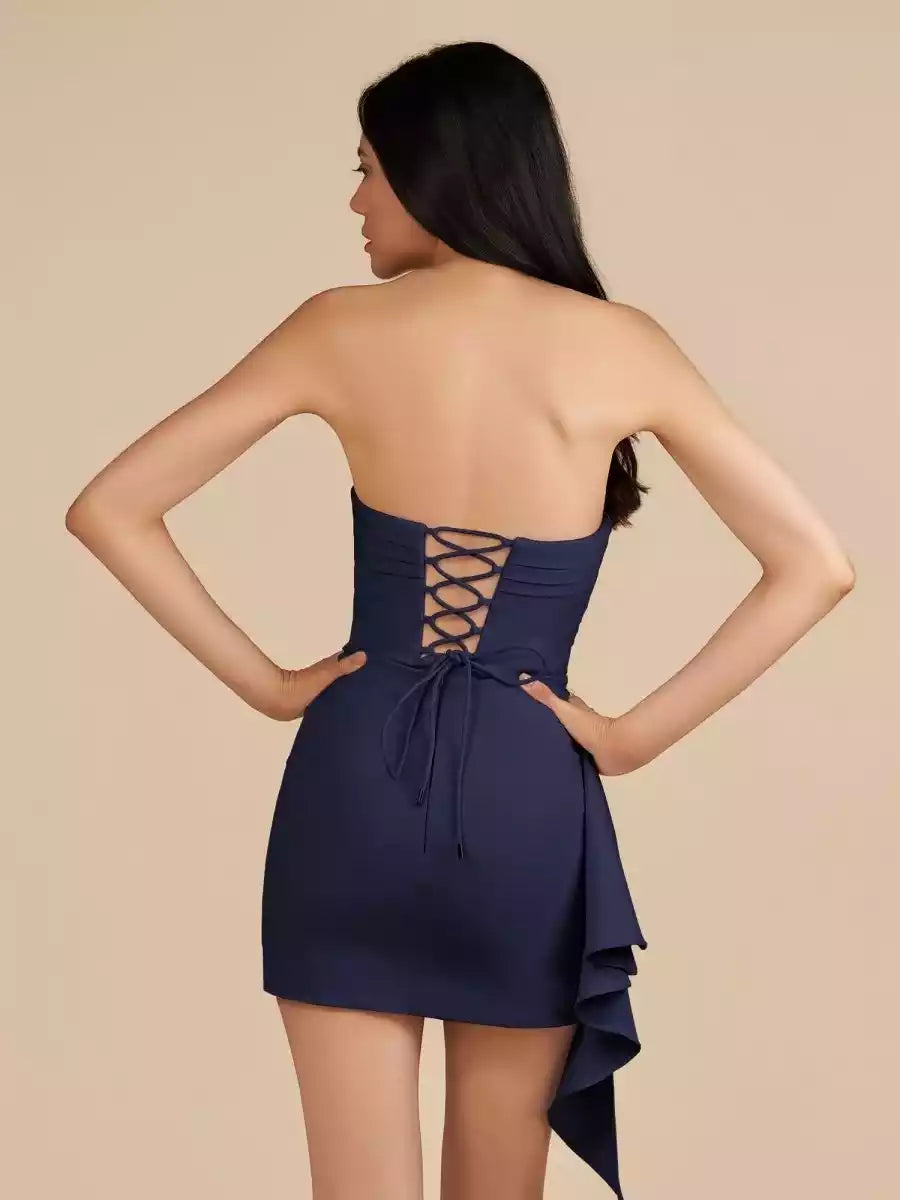 Elegant tight spandex short off shoulder sleeveless slit with lace up back Homecoming Dresses