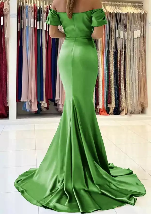 Elegant trumpet/mermaid style off shoulder short sleeved satin trailing pleats Prom Dresses