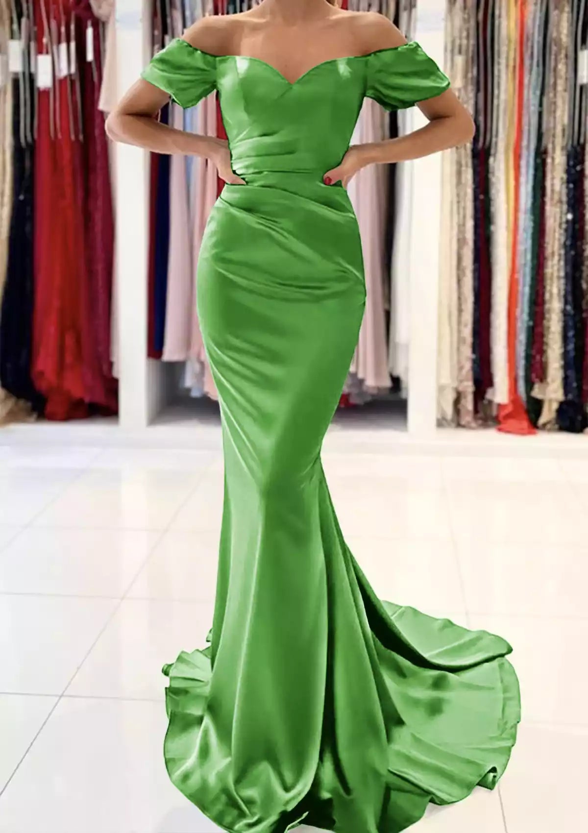Elegant trumpet/mermaid style off shoulder short sleeved satin trailing pleats Prom Dresses
