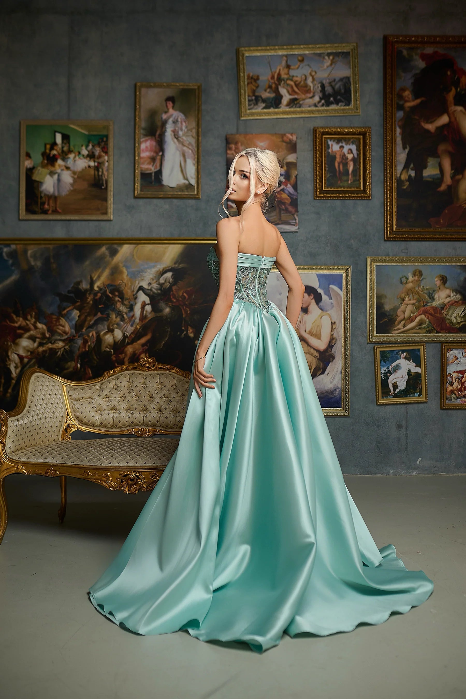 Embellished satin ballgown strapless sleeveless open-back slit floor-length evening dresses