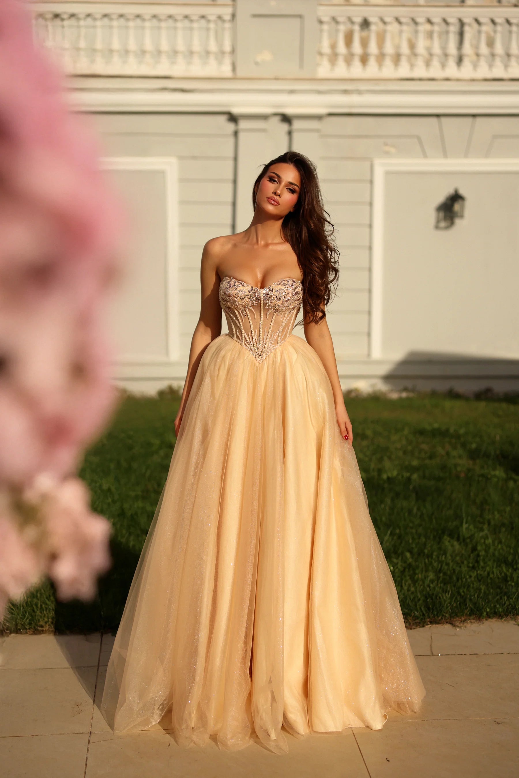 Embellished tulle ballgown strapless sweetheart corset slit floor-length evening dresses