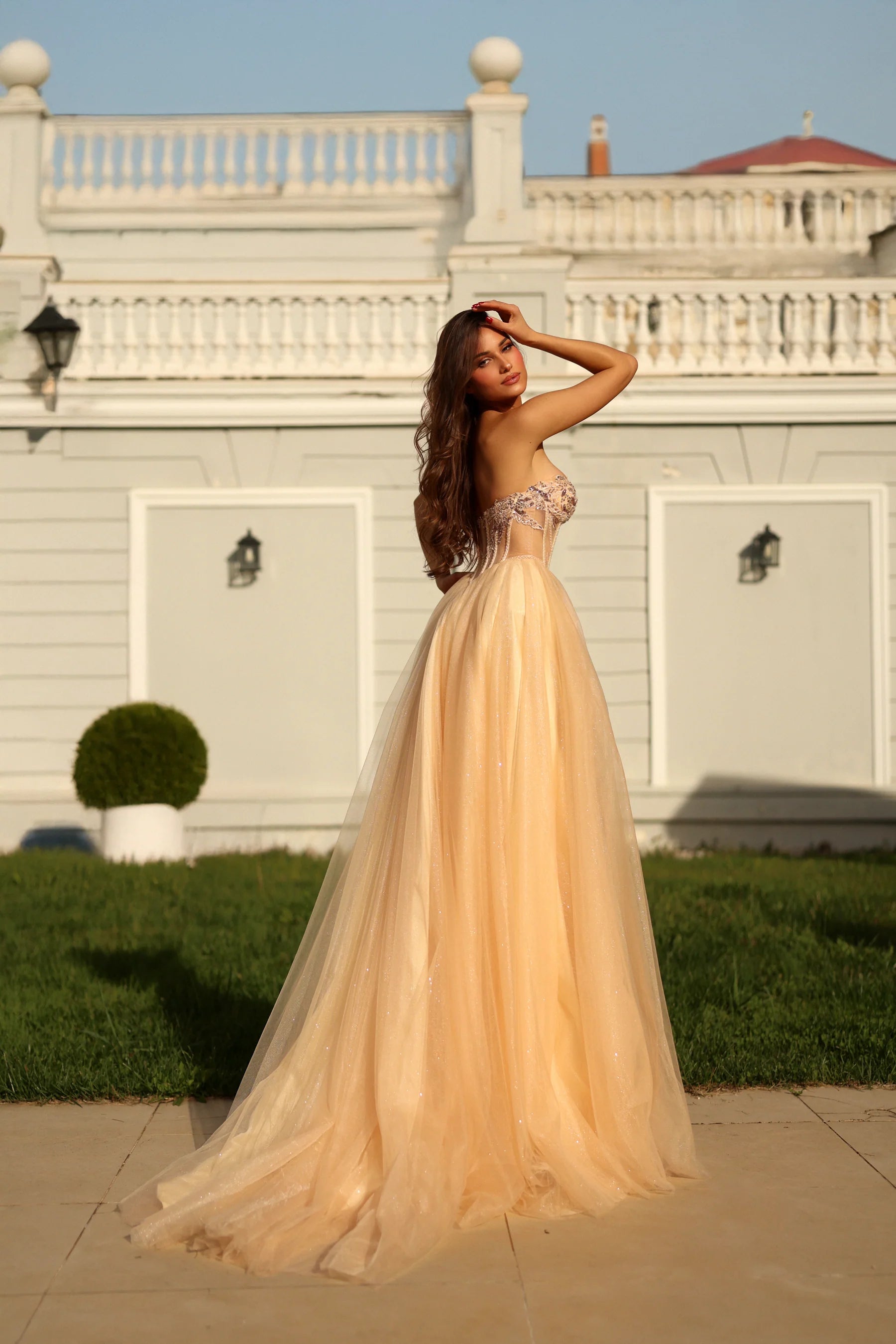 Embellished tulle ballgown strapless sweetheart corset slit floor-length evening dresses