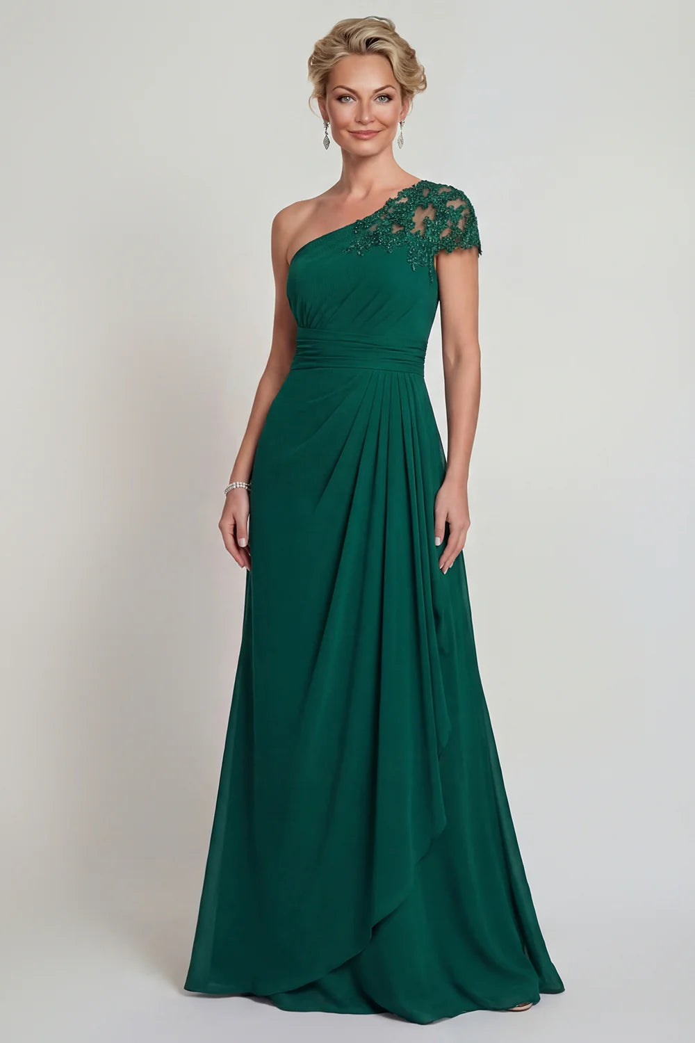 Emerald Green Chiffon A-Line One-Shoulder Lace Sleeve Floor Length Mother of the Bride Dress