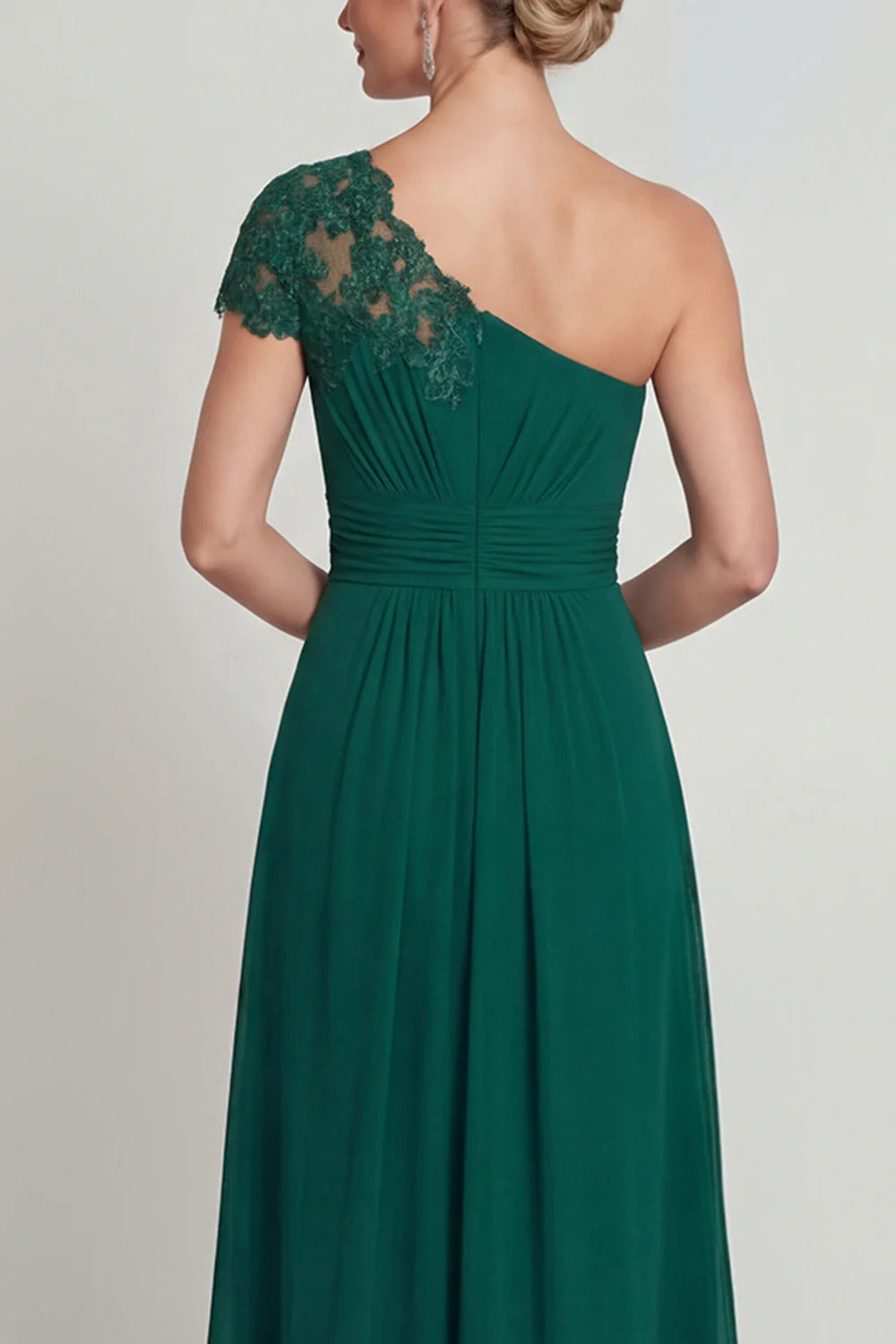 Emerald Green Chiffon A-Line One-Shoulder Lace Sleeve Floor Length Mother of the Bride Dress