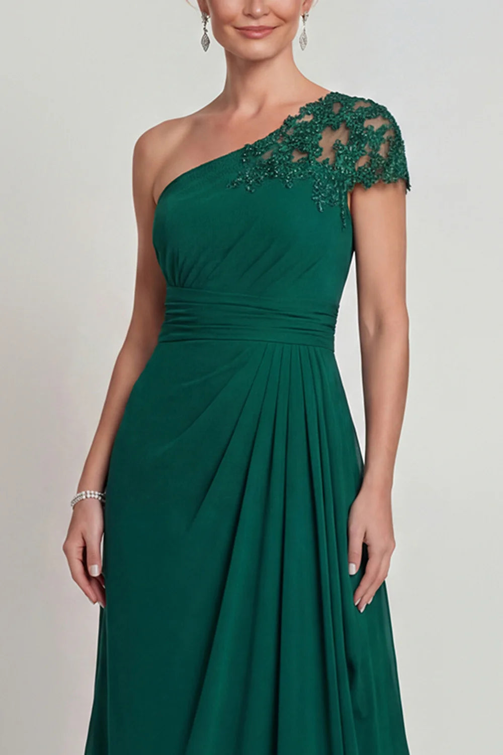 Emerald Green Chiffon A-Line One-Shoulder Lace Sleeve Floor Length Mother of the Bride Dress