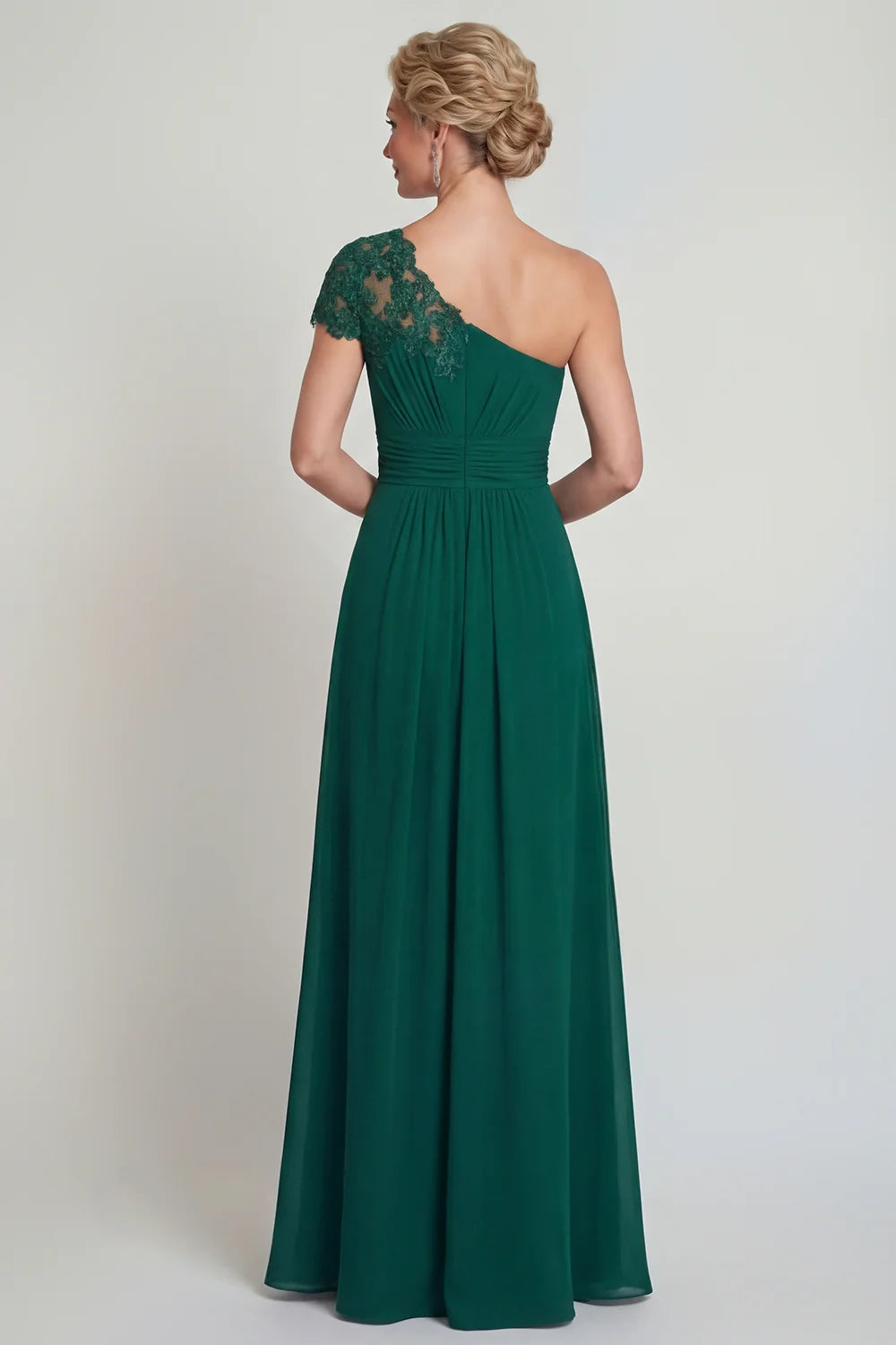 Emerald Green Chiffon A-Line One-Shoulder Lace Sleeve Floor Length Mother of the Bride Dress