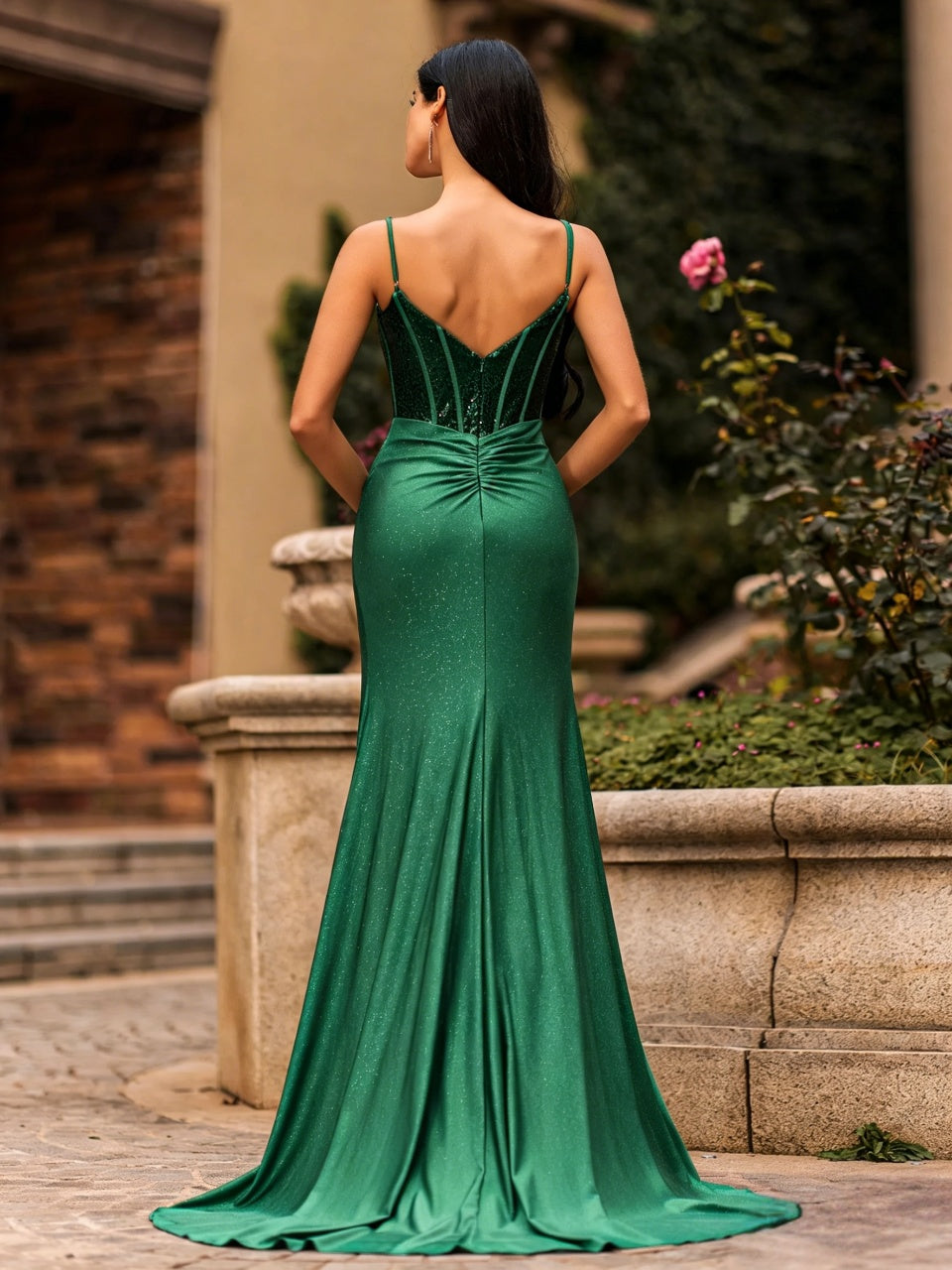 Emerald Green Glitter Jersey Mermaid Corset Top Spaghetti Straps Slit Floor Length Evening Dress