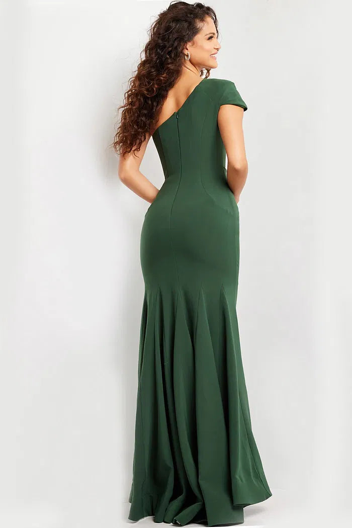 Emerald Green One-Shoulder Mermaid Evening Gown with Folded Sleeve Detail and Pleated Back Train