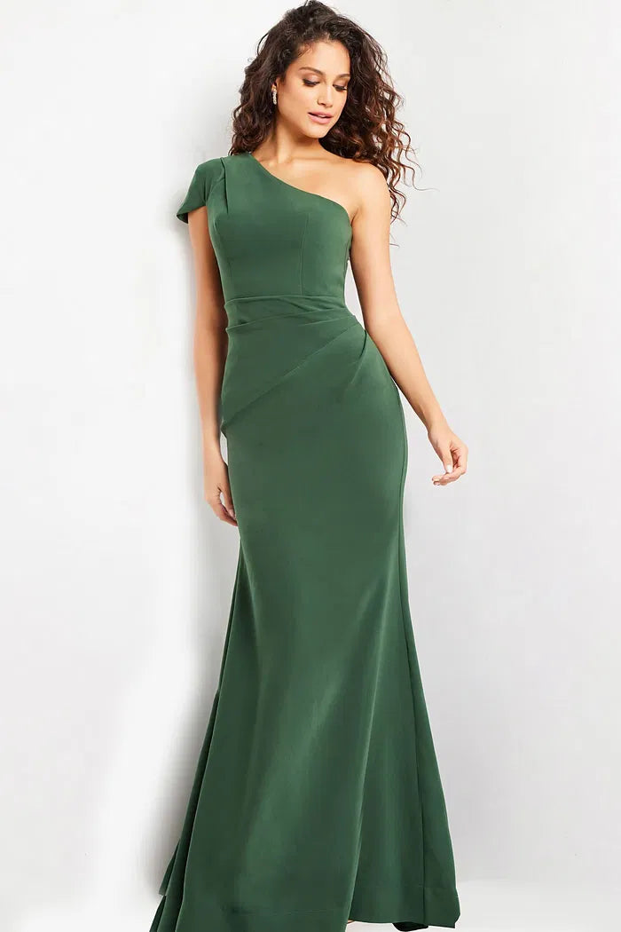 Emerald Green One-Shoulder Mermaid Evening Gown with Folded Sleeve Detail and Pleated Back Train