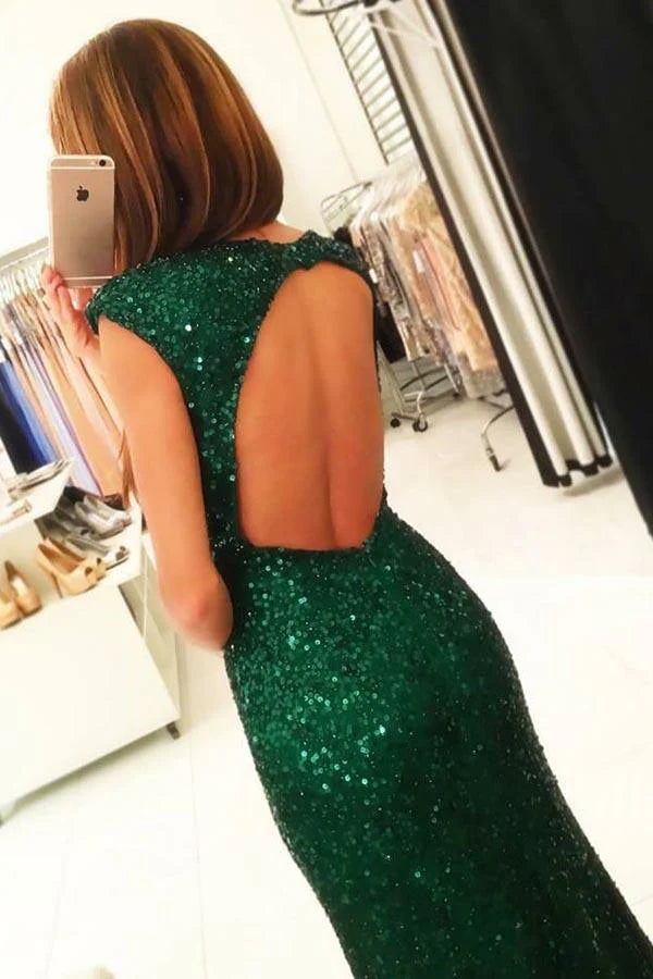Emerald Green Sequin Cap-Sleeve Open-Back High-Slit Mermaid Prom Dress