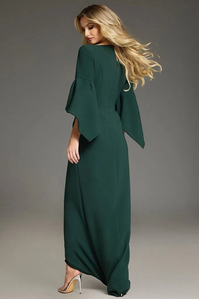 Emerald Green Square Neck Evening Gown with Bell Sleeves, Wrap Skirt and Front Slit