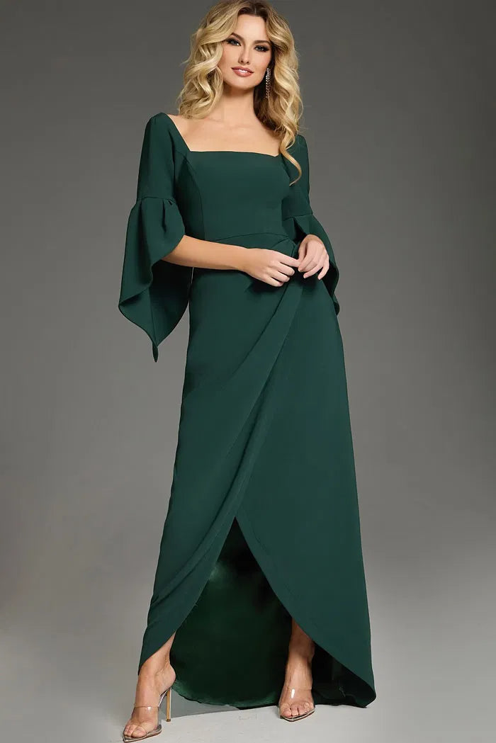 Emerald Green Square Neck Evening Gown with Bell Sleeves, Wrap Skirt and Front Slit