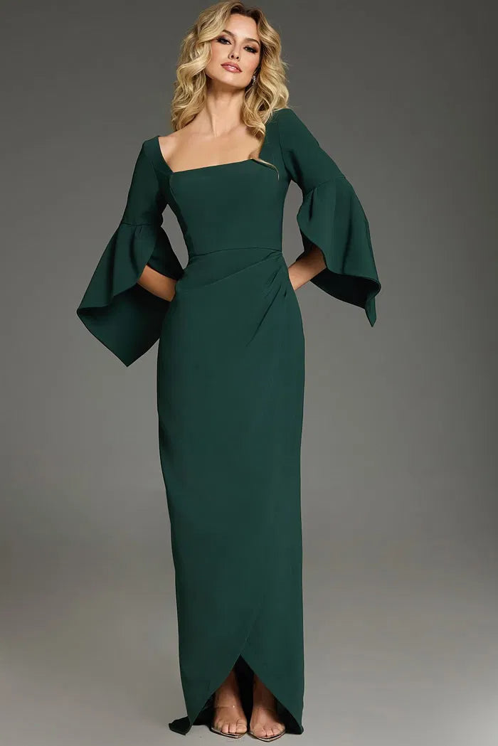 Emerald Green Square Neck Evening Gown with Bell Sleeves, Wrap Skirt and Front Slit