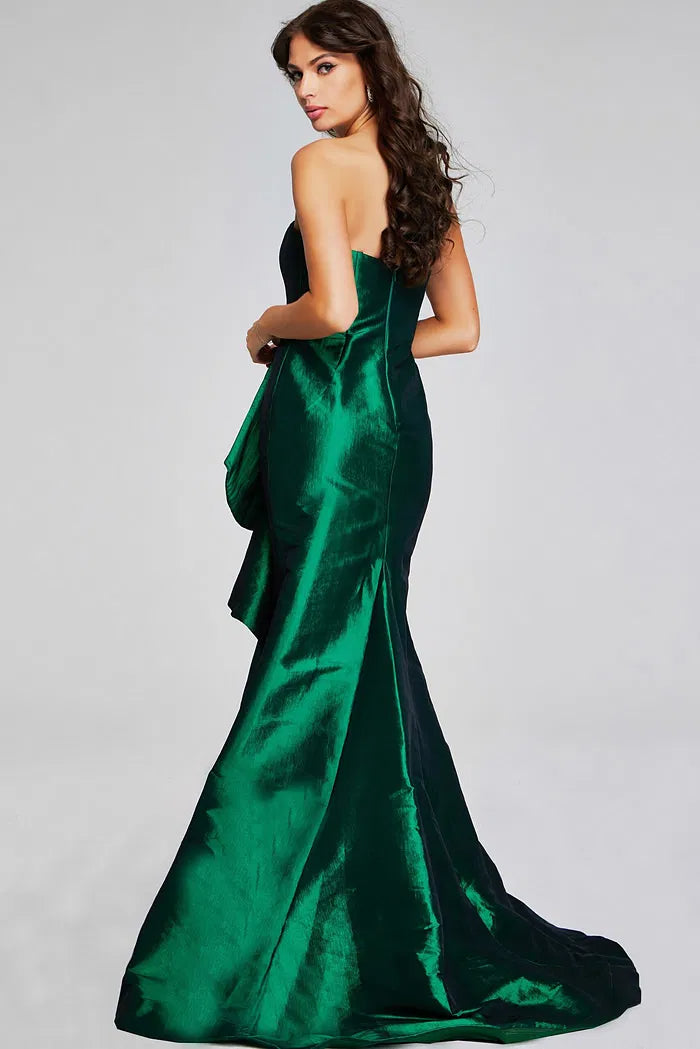 Emerald Green Strapless Metallic Satin Mermaid Evening Gown with Asymmetric Ruffle and Cathedral Train