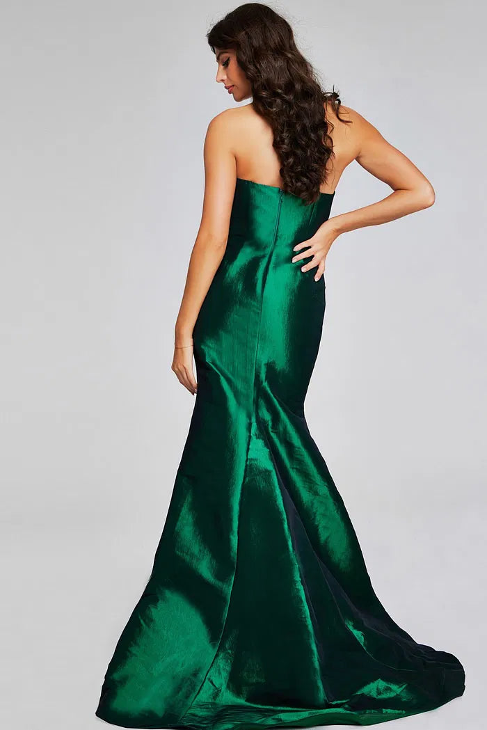 Emerald Green Strapless Metallic Satin Mermaid Evening Gown with Asymmetric Ruffle and Cathedral Train
