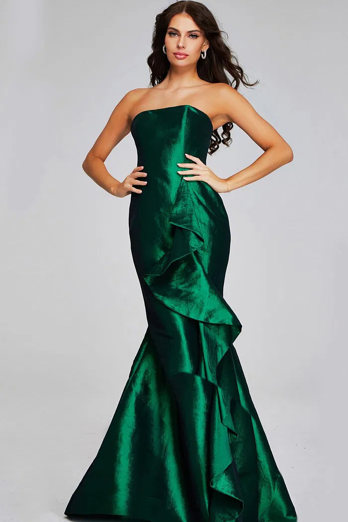 Emerald Green Strapless Metallic Satin Mermaid Evening Gown with Asymmetric Ruffle and Cathedral Train
