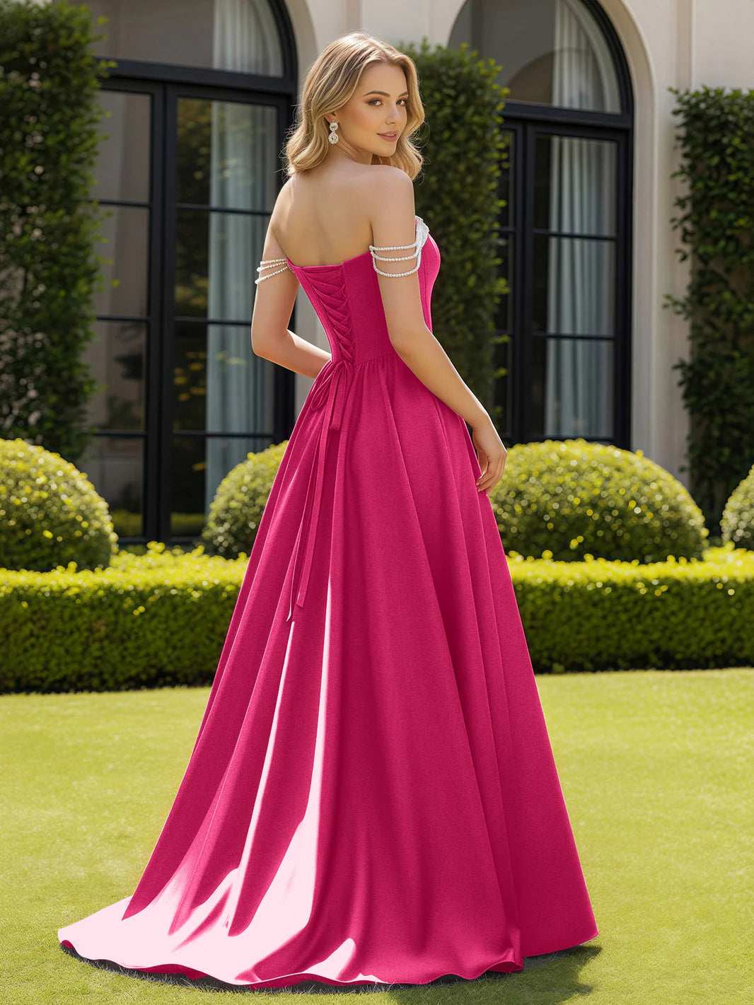 Enchanted A-Line Off-the-Shoulder Lace-Up Floor-Length Evening Dresses