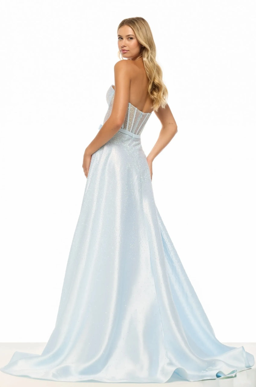Enchanting A-Line Strapless Sheer Corset Rhinestone Bow Slit Floor Length Evening Dress
