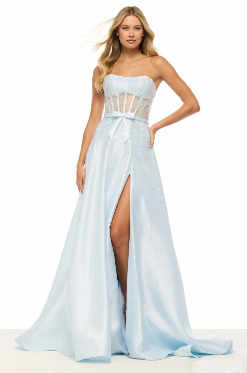 Enchanting A-Line Strapless Sheer Corset Rhinestone Bow Slit Floor Length Evening Dress