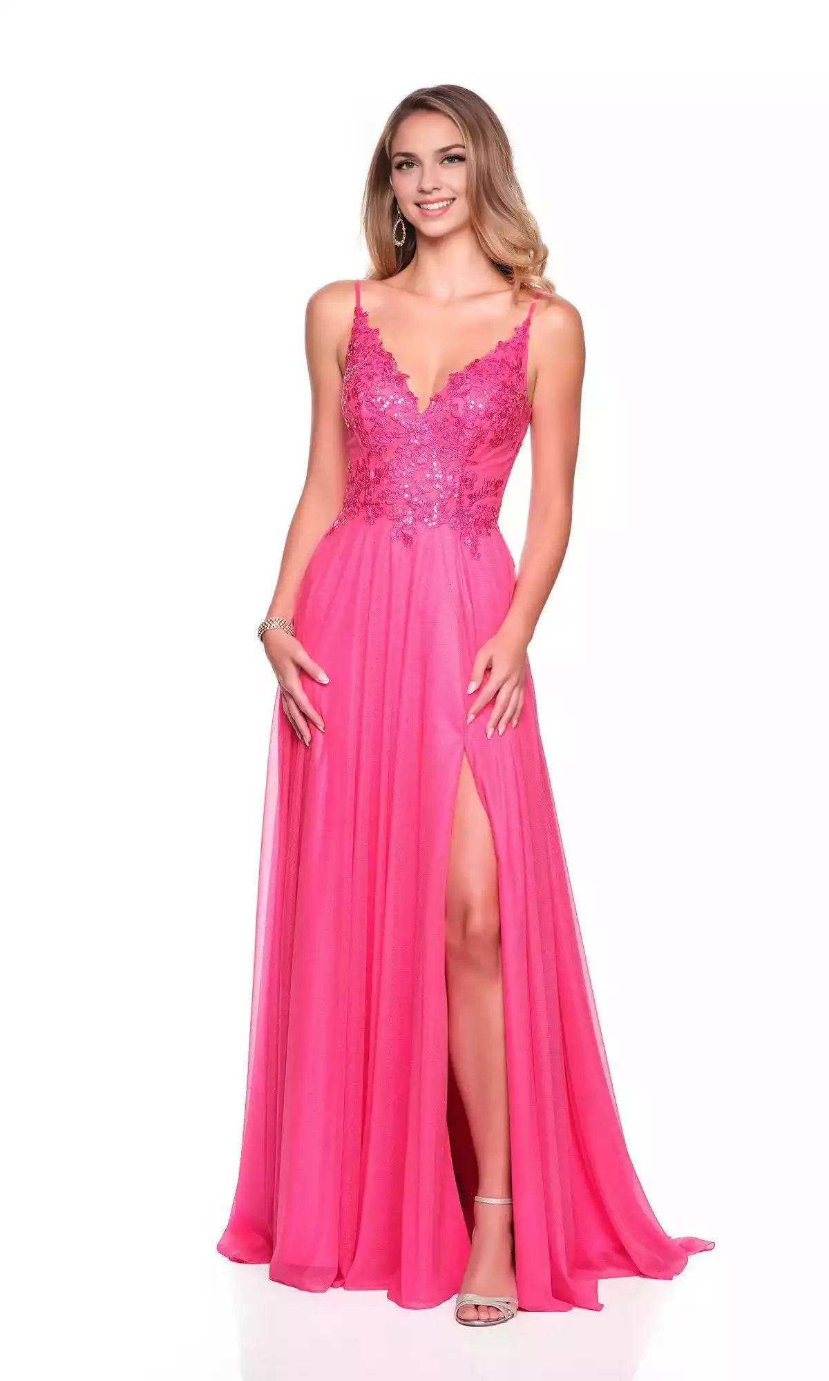 Enchanting A-line embroidered tight corset with V-neck, backless, leg slits Prom Dresses