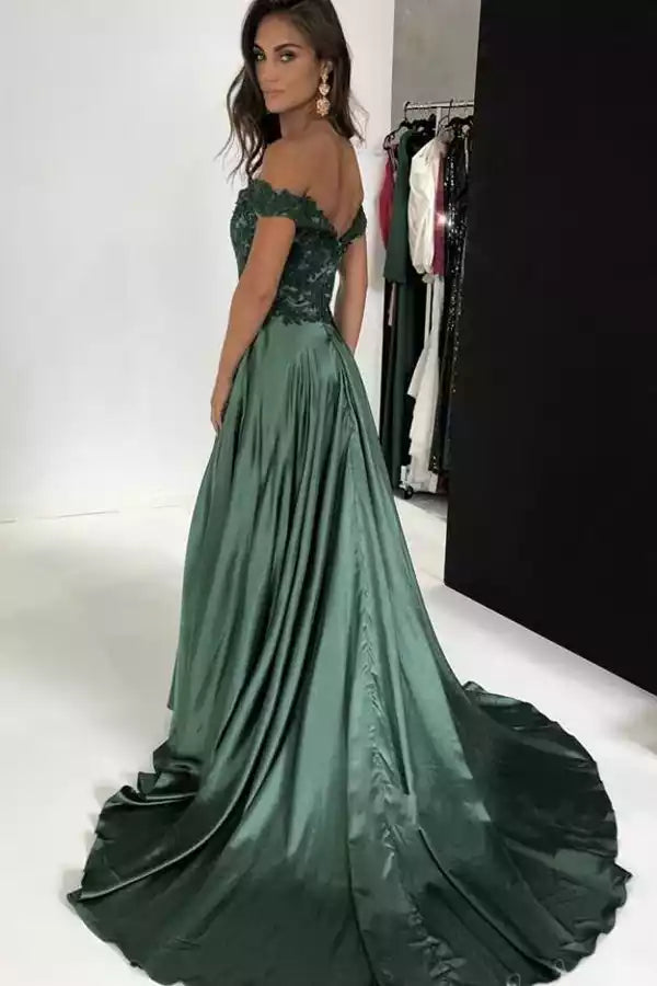 Enchanting Emerald Green Satin A-Line Gown with Off-the-Shoulder Lace Bodice & High Slit