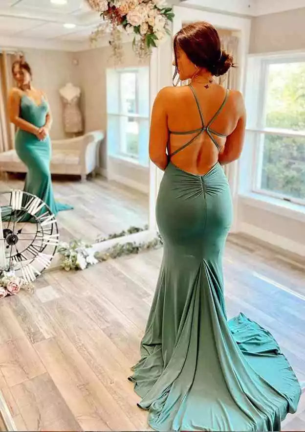 Enchanting Horn/Mermaid V-neck Thin Shoulder Strap Tail Wrinkle Knitted Prom Dresses
