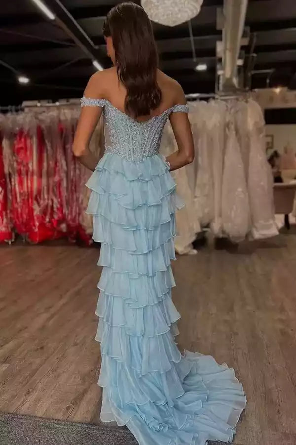 Enchanting Light Blue Mermaid Gown with Off-the-Shoulder Lace Bodice & Ruffled Train