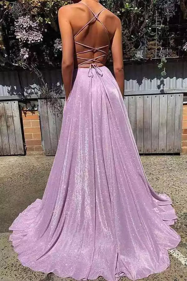 Enchanting Lilac Shimmer A-Line Prom Gown with Plunge V-Neck & Lace-Up Back