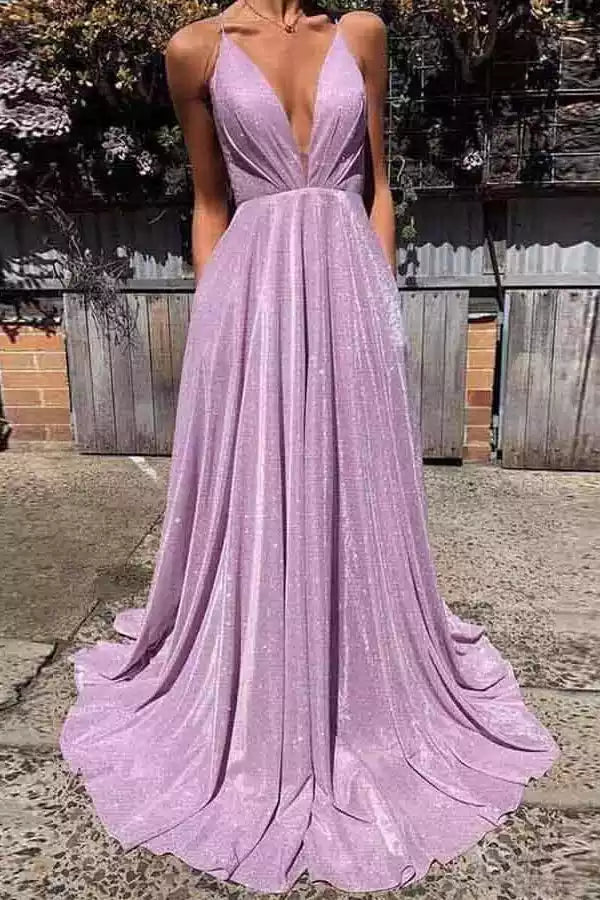 Enchanting Lilac Shimmer A-Line Prom Gown with Plunge V-Neck & Lace-Up Back