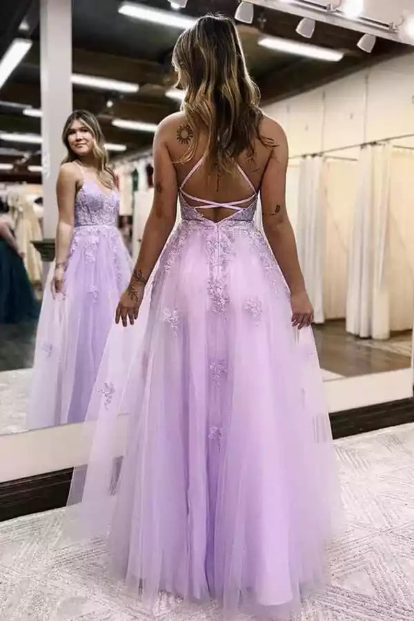 Enchanting Lilac Tulle A-Line Prom Gown with Lace Bodice & Criss-Cross Back