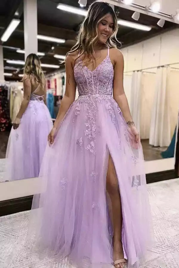 Enchanting Lilac Tulle A-Line Prom Gown with Lace Bodice & Criss-Cross Back
