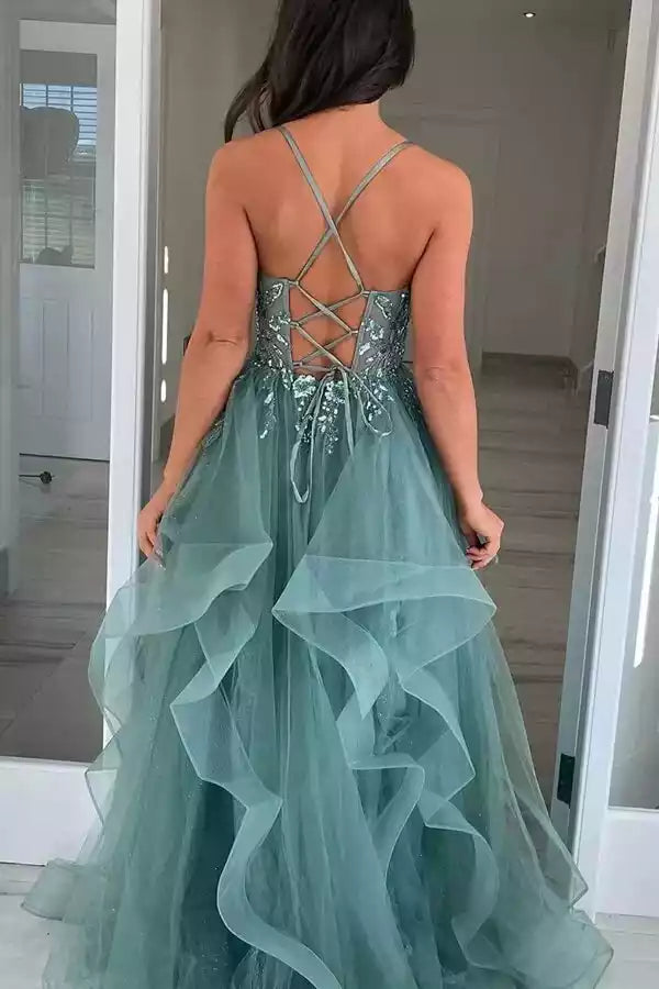 Enchanting Sage Green Tulle A-Line Gown with Lace Bodice & Criss-Cross Back