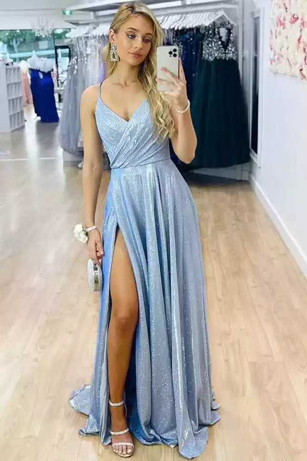 Enchanting Sky Blue Shimmer A-Line Gown with Plunge V-Neck & Lace-Up Back