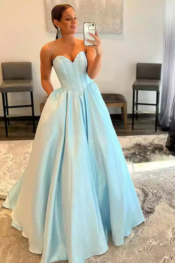 Enchanting Sky Blue Shimmer Ball Gown with Sweetheart Neck & Open Back