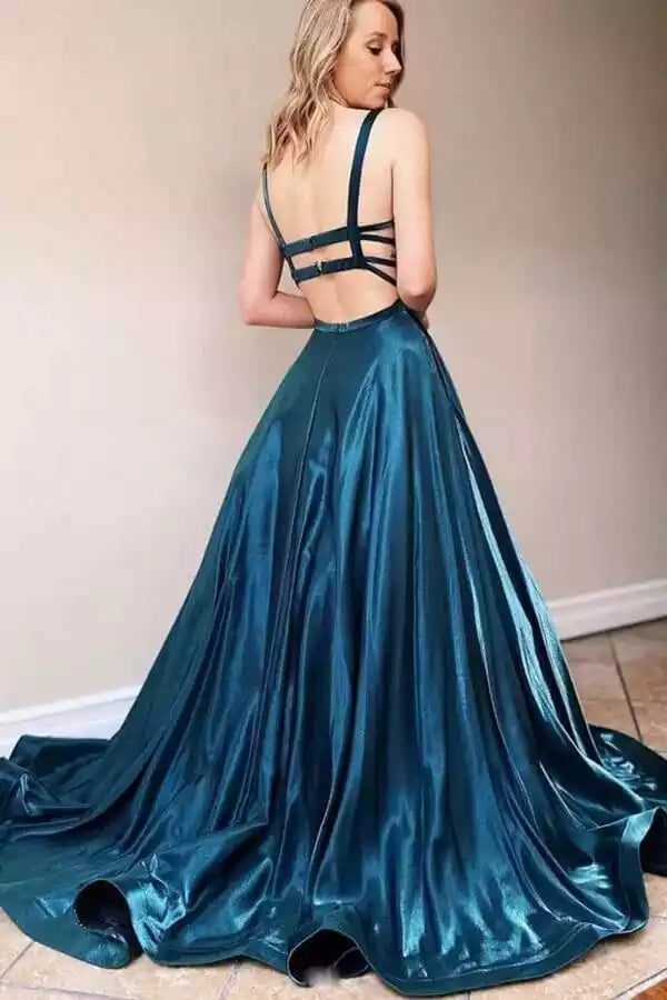 Enchanting Teal Metallic Ball Gown with Square Neck & Cutout Back